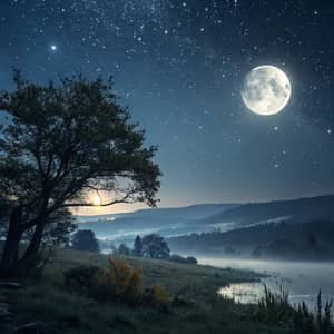 Serene Night Landscape with Moon and Stars