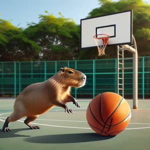 Playful Capybara Dribbling Basketball on Vibrant Court