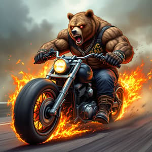 Angry Bodybuilder Bear on Fire Motorcycle