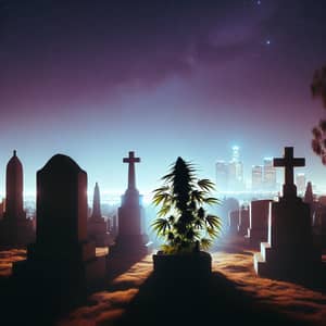 Nocturnal View of Los Angeles Graveyard with Cannabis Plant