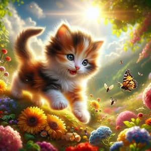 Adorable Kitten Playing Joyously in Sunny Garden