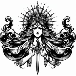 Mystical Queen of Swords - Black & White Outline Art