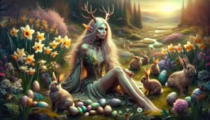 Beautiful Goddess in Spring Fantasy Landscape with Bunnies and Eggs