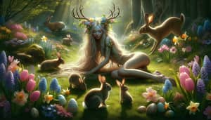 Enchanting Spring Goddess with Bunnies and Colorful Eggs