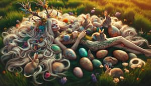 Enchanting Goddess in Blossoming Field with Bunnies and Colorful Eggs