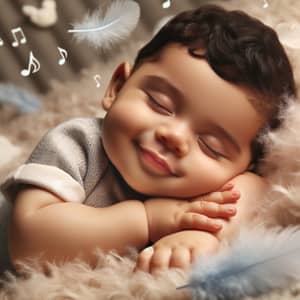 Smiling Hispanic Baby Boy on Soft Blanket with Feathers and Music Notes