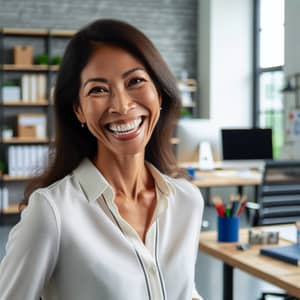 Joyful South Asian Woman in Professional Office Setting