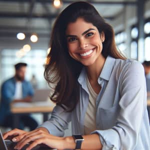 Joyful Hispanic Female Marketing Manager | Office Portrait