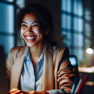 Joyful South Asian Female Marketing Manager in Office Setting