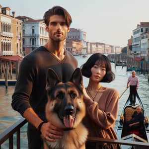 Venice City Views with Tall Man, Woman, and German Shepherd Enjoying Sunset