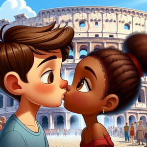 Animated Boy and Girl Kissing at Colosseum in Rome