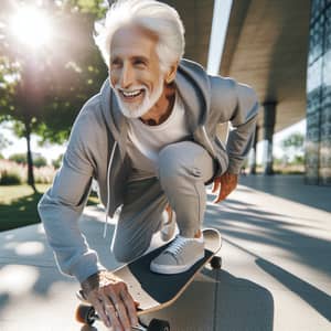 Elderly Caucasian Man Skateboarding in City Park