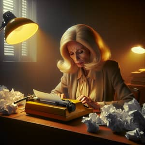 Middle-Aged Caucasian Woman Typing Frustratedly in 1970s Styled Room