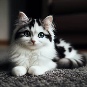 Fluffy White and Black Patched Domestic Short-Haired Cat on Plush Carpet