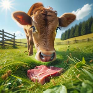 Brown Cow Sniffing Fresh Meat in Lush Pasture