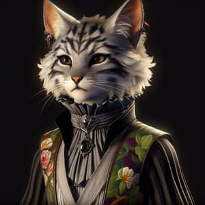 Female Tabaxi Rogue in Grey Elizabethan Collar & Colourful Vest