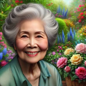 Elderly Asian Woman Smiling in Vibrant Garden | Beautiful Hairstyle