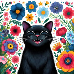 Gleeful Jet-Black Cat Surrounded by Vibrant Blossoms