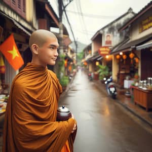 Buddhist Novice Buying Trung Nguyen Coffee in Southeast Asian Town