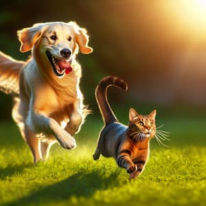 Energetic Golden Retriever Chasing Playful Cat in Green Meadow