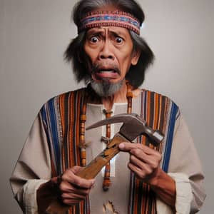 Aeta Man in Traditional Clothing with Broken Hammer