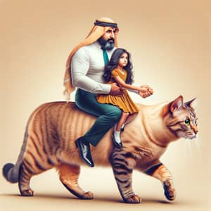 Surreal Middle-Eastern Man Holding Hispanic Girl Riding Cat