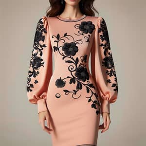 Full Sleeve Midi Dress - Black Floral & Peach Design