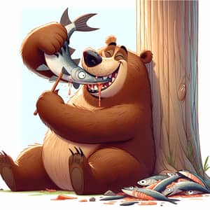 Cartoon Brown Bear Enjoying a Large Fish Meal