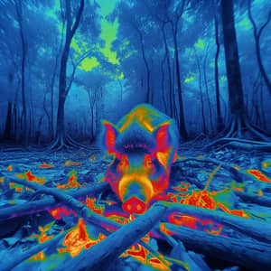 Thermal Night Vision Image of Wild Pigs in Forest Setting