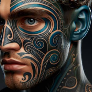 Maori Facial Tattoo: Intricate Patterns in Blue & Green