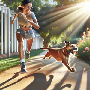 Playful Park Scene: Middle-Eastern Female Chasing Dog