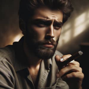 Somber Portrait of a Bearded Man with Cigar