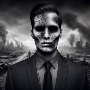 Eerie Black and White Portrait Amid Apocalyptic Landscape