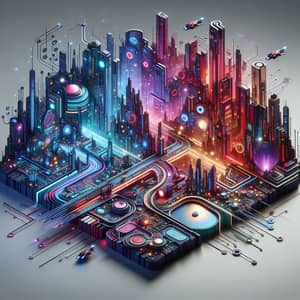 Abstract Futuristic Design: Vibrant Cityscape & Technological Motifs