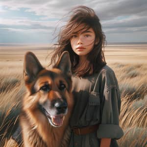 Kazakh Girl and German Shepherd in Open Steppe | Serene Interaction