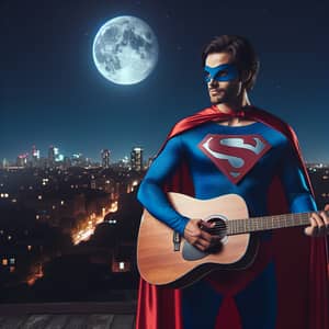 Superhero Musician Playing Guitar at Midnight