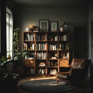 Cinematic Cozy Room with Wooden Bookshelf