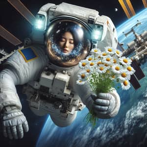 Asian Female Astronaut Smelling Chamomiles in Open Space