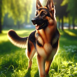 Relaxed German Shepherd in Lush Green Park | Playful Shadows