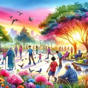 Vibrant Watercolor Scene: Multicultural Park Life & Nature Beauty