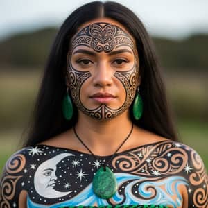 Maori Woman Art with Moon and Water Elements