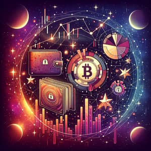 Abstract Cryptocurrency Artwork: Binary Code, Digital Padlock, Wallet, Market Chart