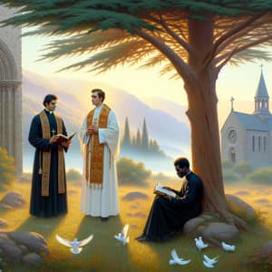 Three Priests in a Serene Landscape