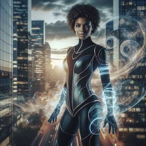 Empowering Black Superhero with Shape-Shifting Abilities in Urban Sunset Scene