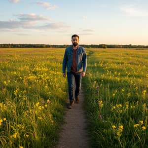 Walking Man on a Scenic Field Path