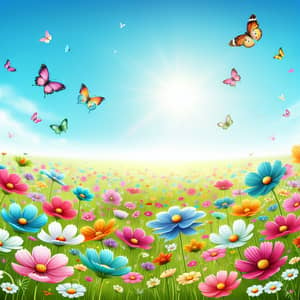 Spring Field with Vibrant Flowers and Butterflies - A Serene Snapshot