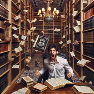 Young Middle Eastern Man Throwing Hebrew Book | Library Scene