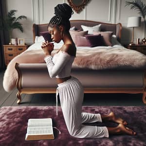 African American Woman Kneeling in Prayer | Graceful Bedroom Scene