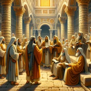 Judean Priests and Pharisees Discussing in Historical Temple