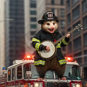 Possum Firefighter Playing Banjo on Ladder Truck